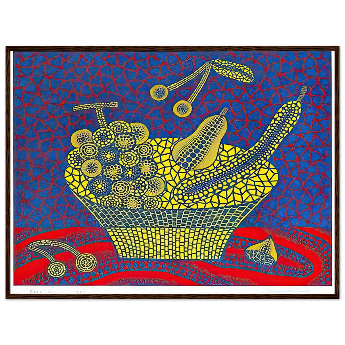 Yayoi Kusama framed print — Fruit Basket (1) by Yayoi Kusama explores one of the artist’s recurring subjects: the abundance of ordinary fruit, dark wood frame, 60x80 cm / 24x32″