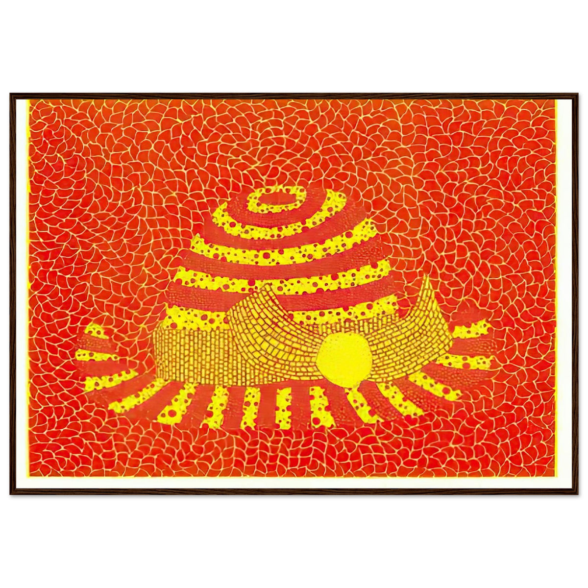 Yayoi Kusama framed print — Hat (Orange) presents a familiar accessory as an exercise in changing color and graphic character, dark wood frame, 70x100 cm / 28x40″