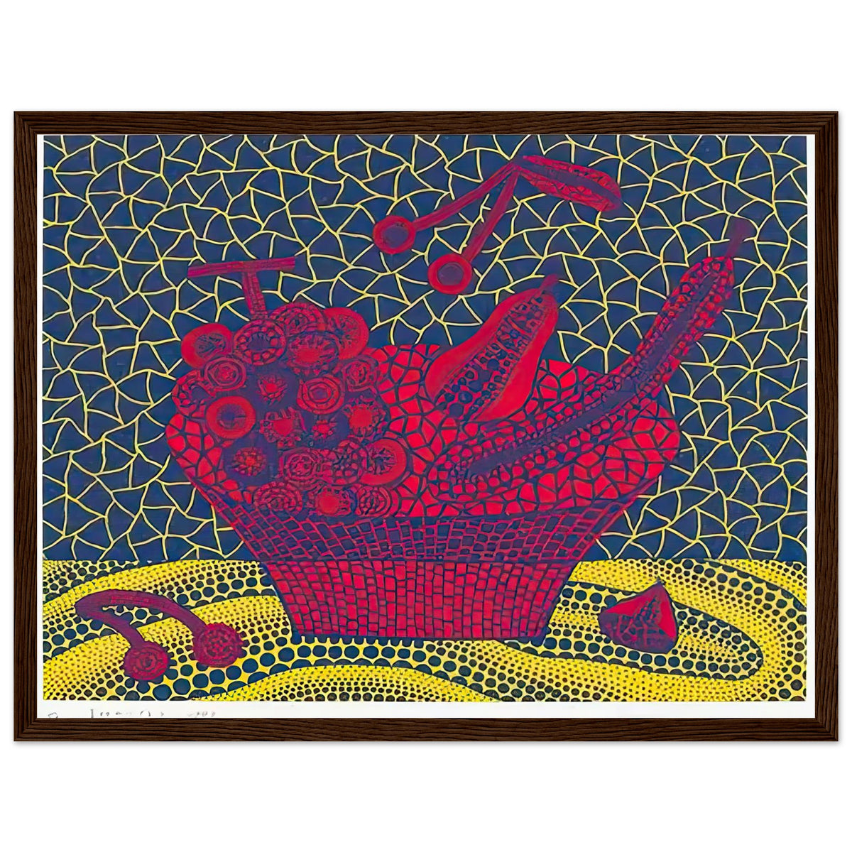 Yayoi Kusama framed print — Fruit Basket (5) by Yayoi Kusama explores one of the artist’s recurring subjects: the abundance of ordinary fruit, dark wood frame, 30x40 cm / 12x16″