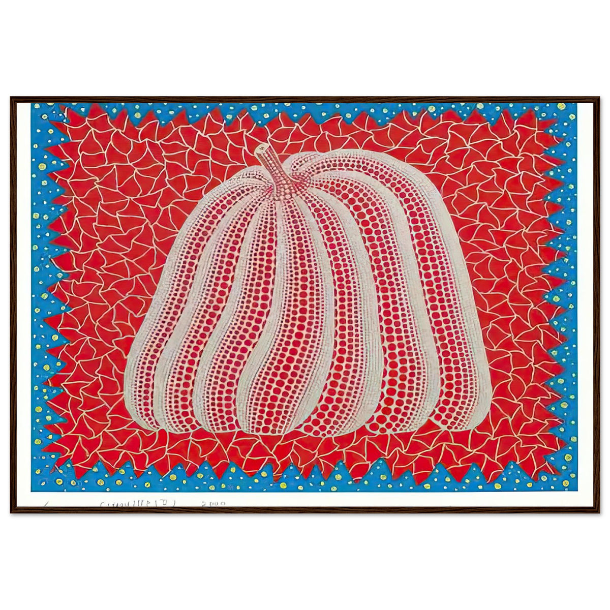 Yayoi Kusama framed print — Citrouille II from Amour pour Toujours gives Kusama’s beloved pumpkin a celebratory role within a portfolio devoted to love, dark wood frame, 70x100 cm / 28x40″