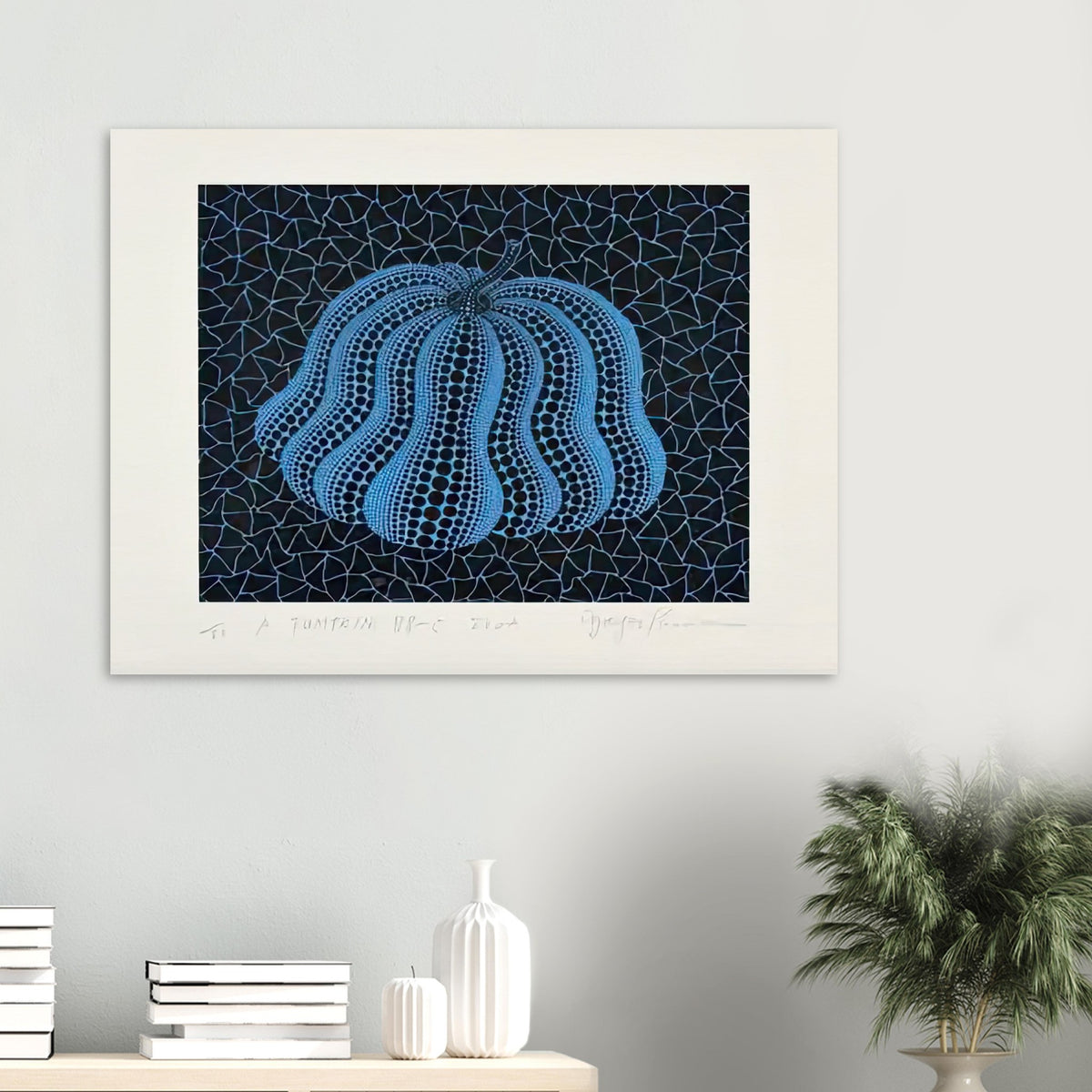 Yayoi Kusama poster — Pumpkin (BB-C) [Kusama 330] revisits Kusama’s best-known vegetable through the relationship between its distinctive form and repeating ornament