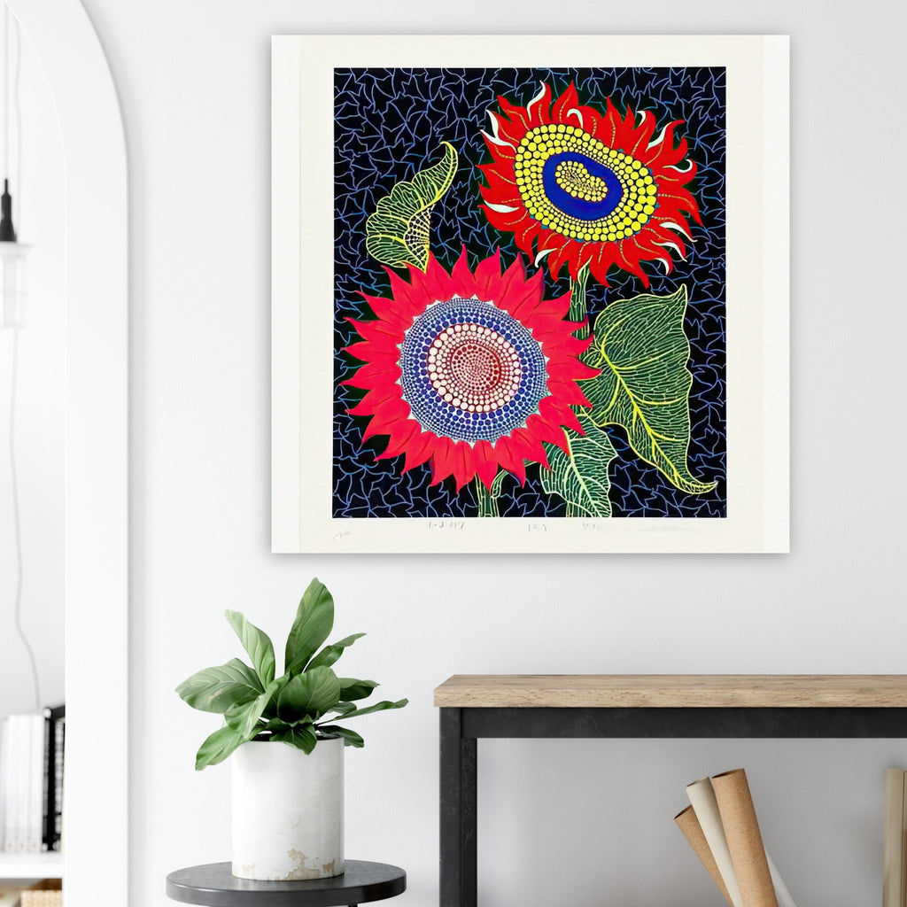 Yayoi Kusama poster — Sunflowers poster by Yayoi Kusama explores sunflowers transformed into a decorative and expressive floral motif