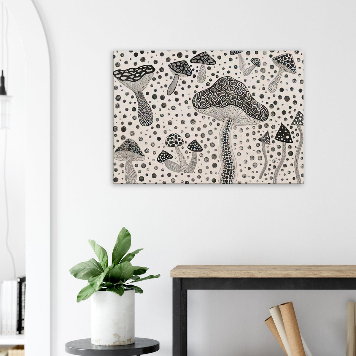 Yayoi Kusama canvas print — Mushrooms brings a humble woodland organism into Kusama’s world of organic growth and proliferating forms