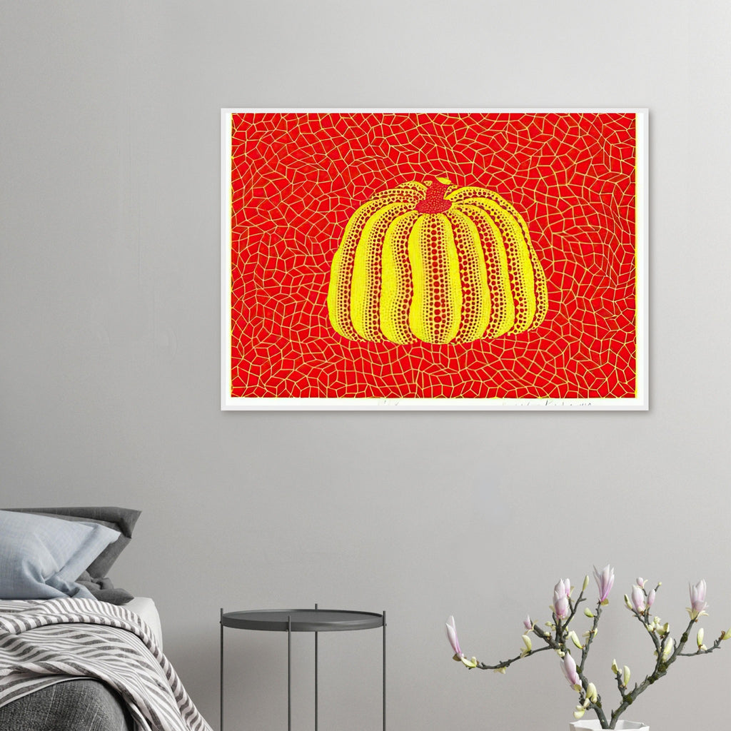 Yayoi Kusama framed print — Pumpkin Orange presents Kusama’s familiar pumpkin through an explicitly orange variation