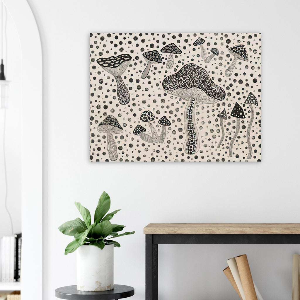 Yayoi Kusama poster — Mushrooms brings a humble woodland organism into Kusama’s world of organic growth and proliferating forms