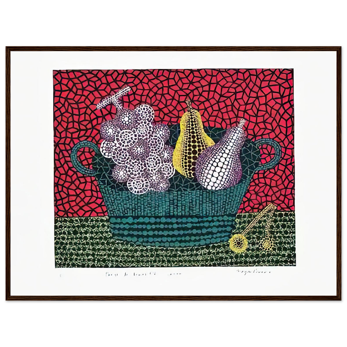 Yayoi Kusama framed print — Panier de Fruits I from Amour pour Toujours turns a basket of fruit into a lively decorative still life, dark wood frame, 60x80 cm / 24x32″