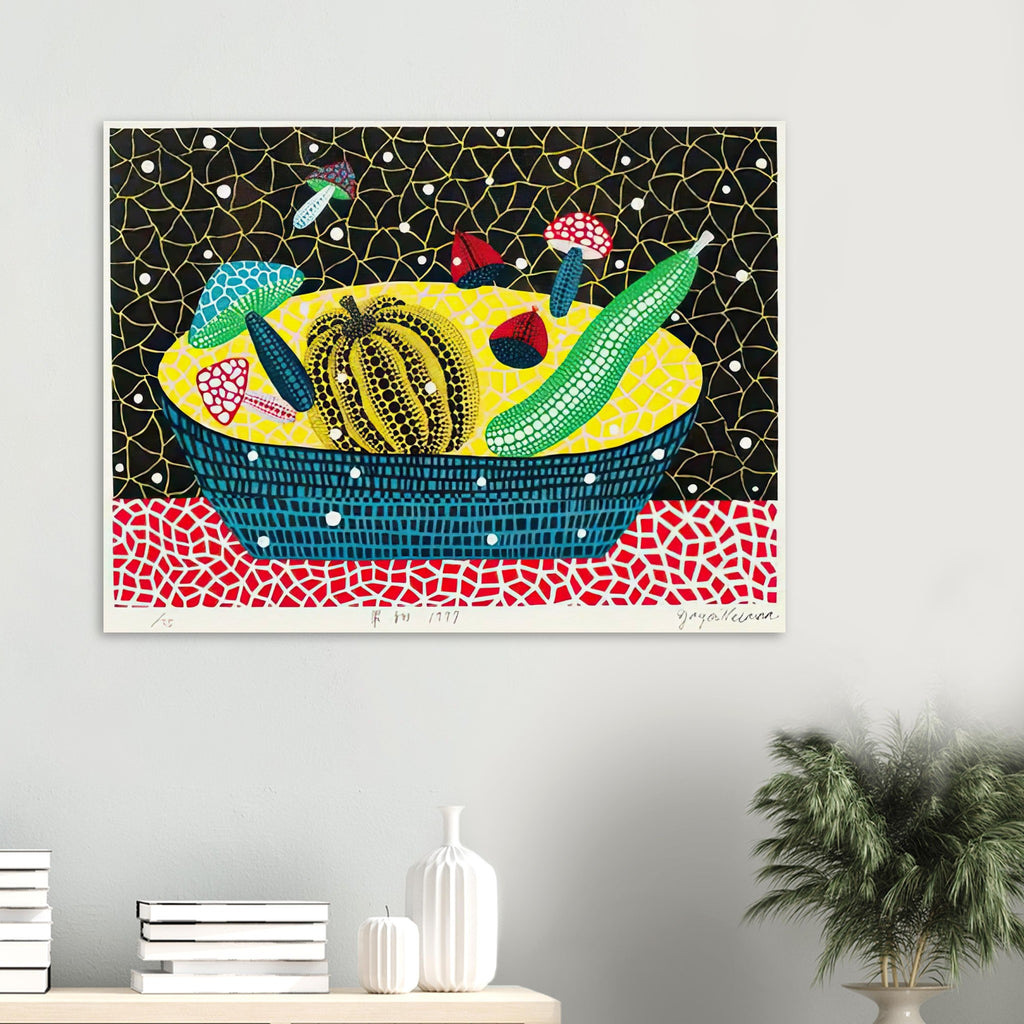 Yayoi Kusama poster — Fruits (2) turns an arrangement of fruit into a deliberately ornamental still life