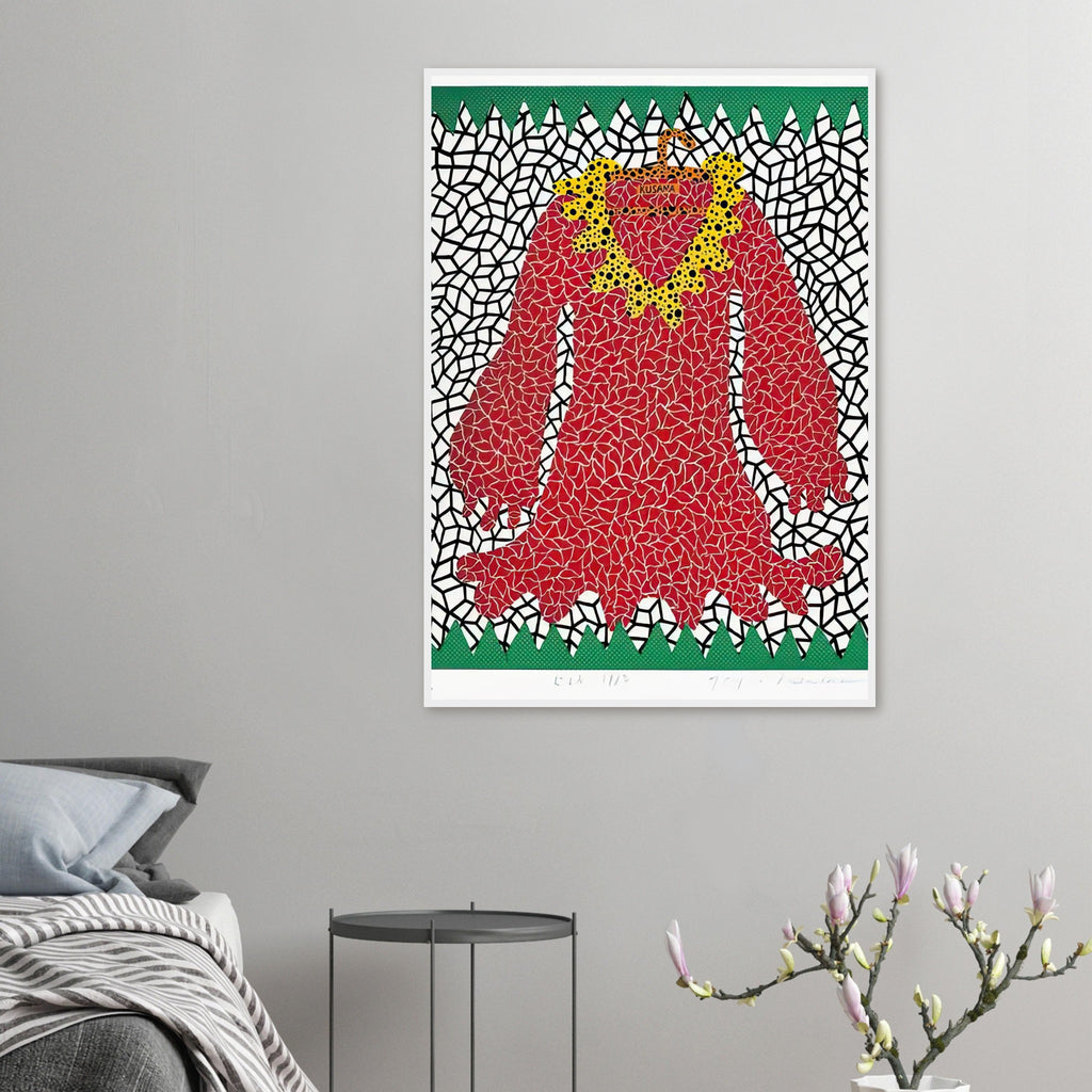 Yayoi Kusama framed print — This second numbered Dress design returns to the garment as a graphic form, shifting attention from who might wear it to the design’s shape and surface