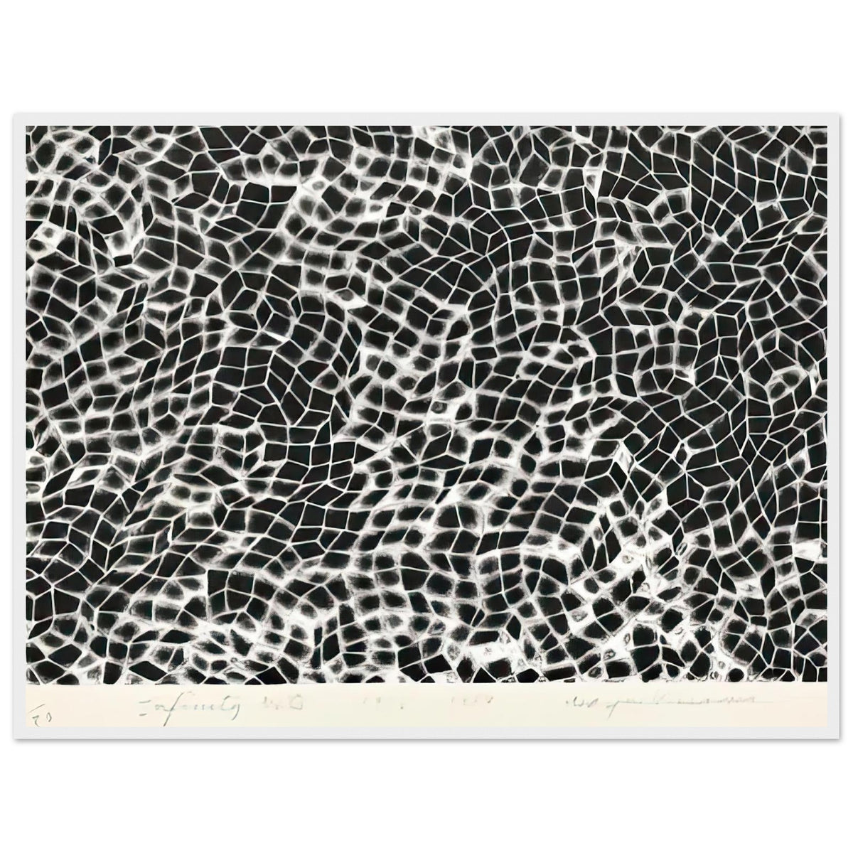 Yayoi Kusama framed print — Infinity Nets (Image 4) explores Kusama’s Infinity Net as a field built from countless repeated marks, white frame, 60x80 cm / 24x32″