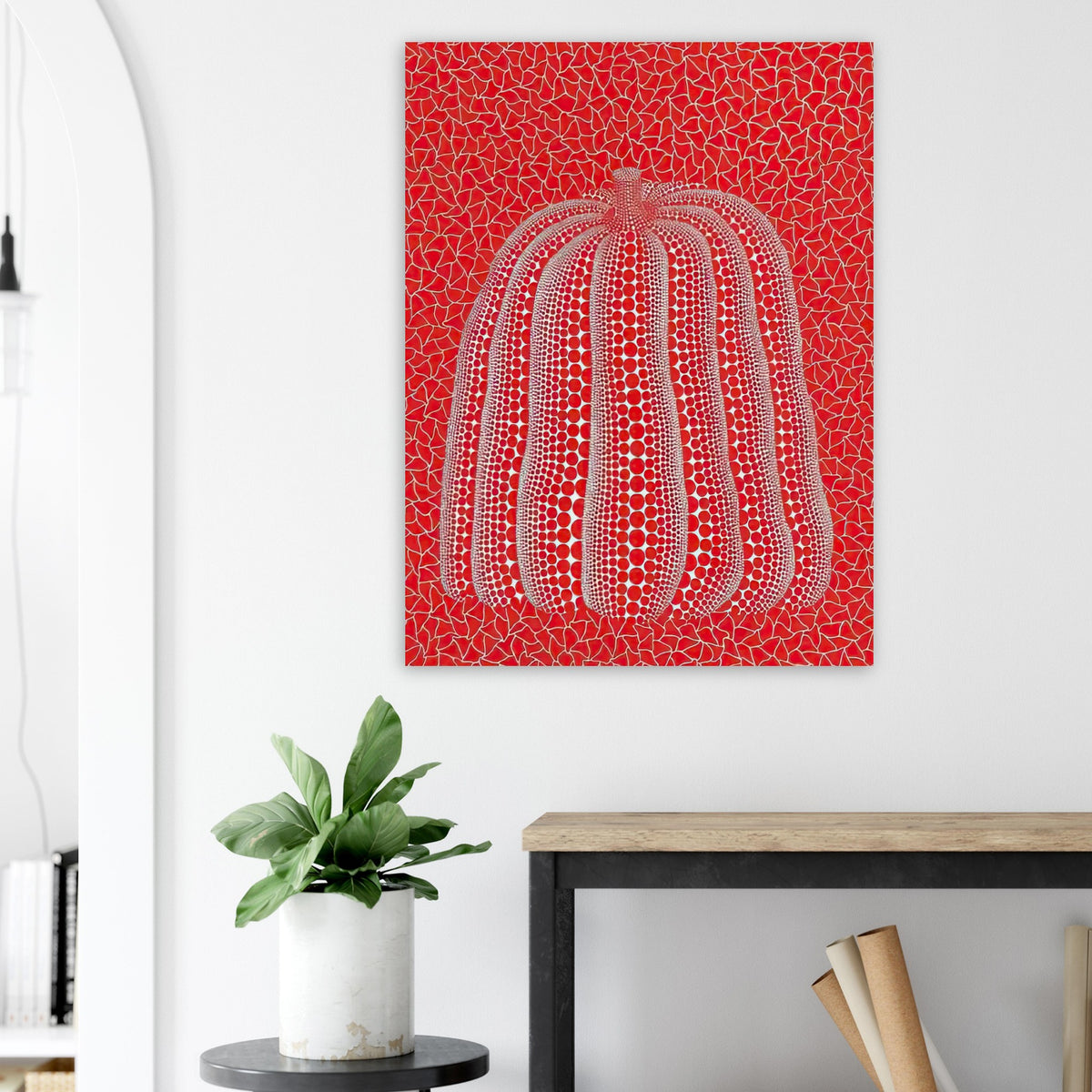 Yayoi Kusama poster — This red pumpkin image uses a familiar gourd as the foundation for an especially vivid statement