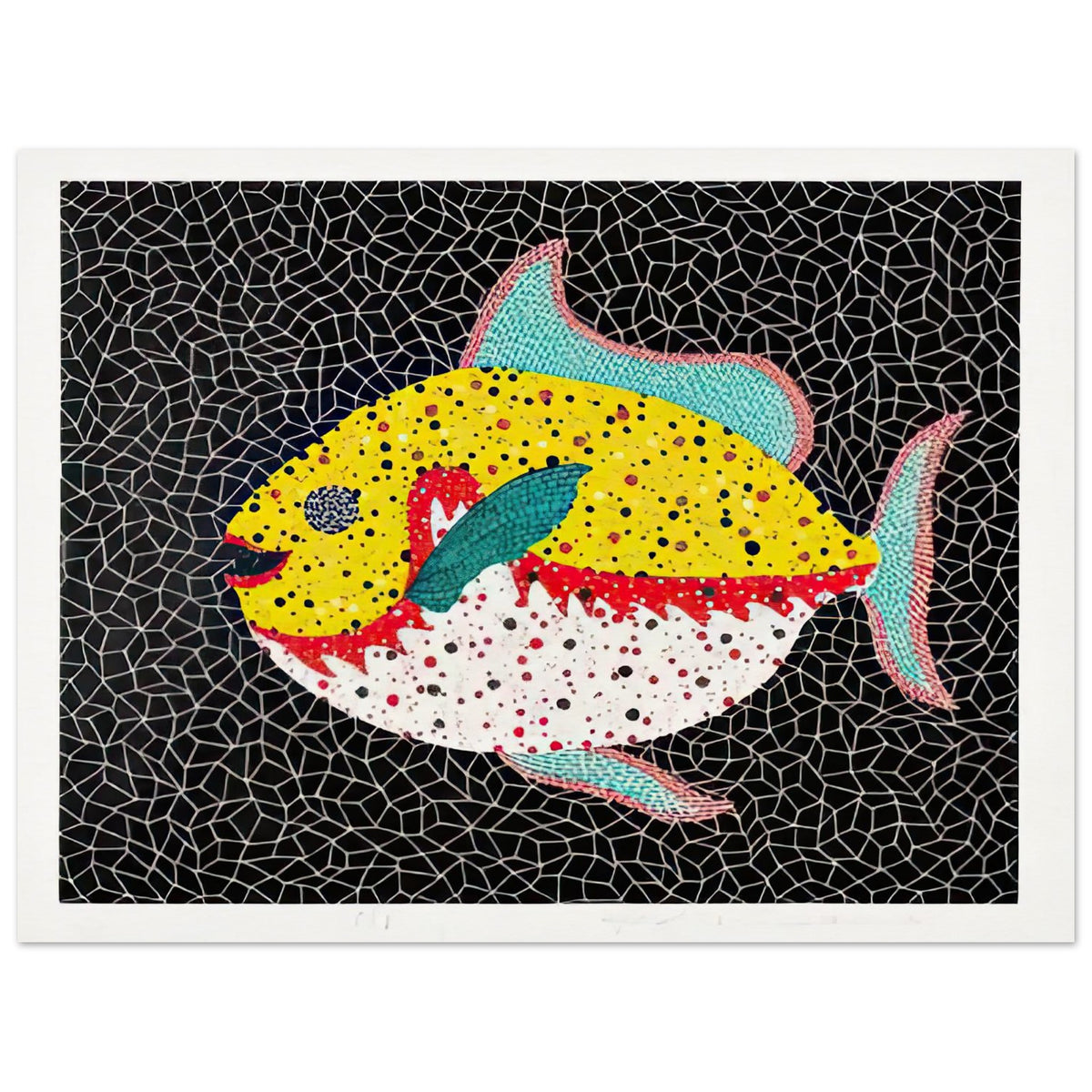 Yayoi Kusama poster — Fish gives the fish’s streamlined body and sense of underwater movement a graphic role, 15x20 cm / 6x8″