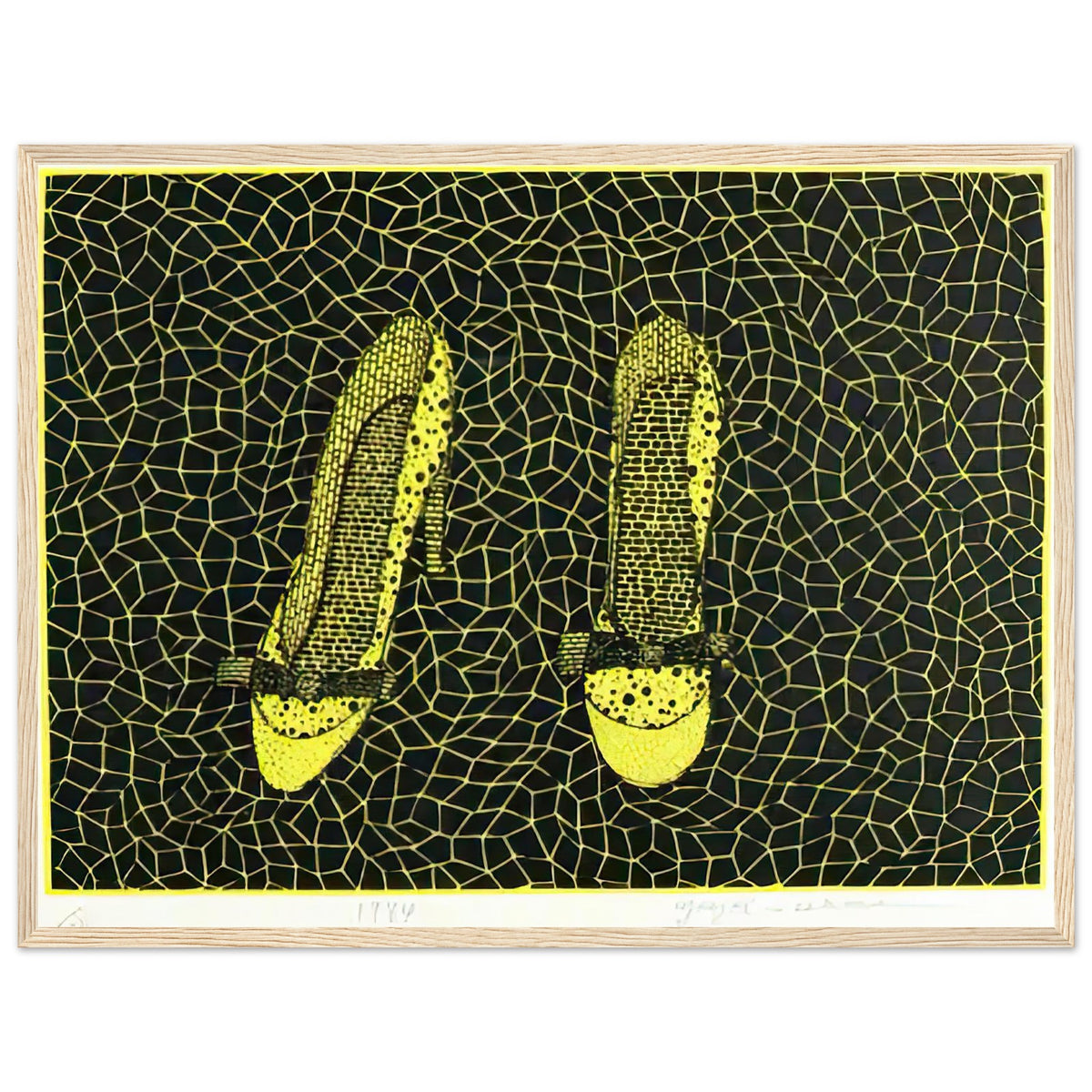 Yayoi Kusama framed print — Shoes (3) turns a footwear object into an image about shape, balance and individuality, wood frame, 45x60 cm / 18x24″
