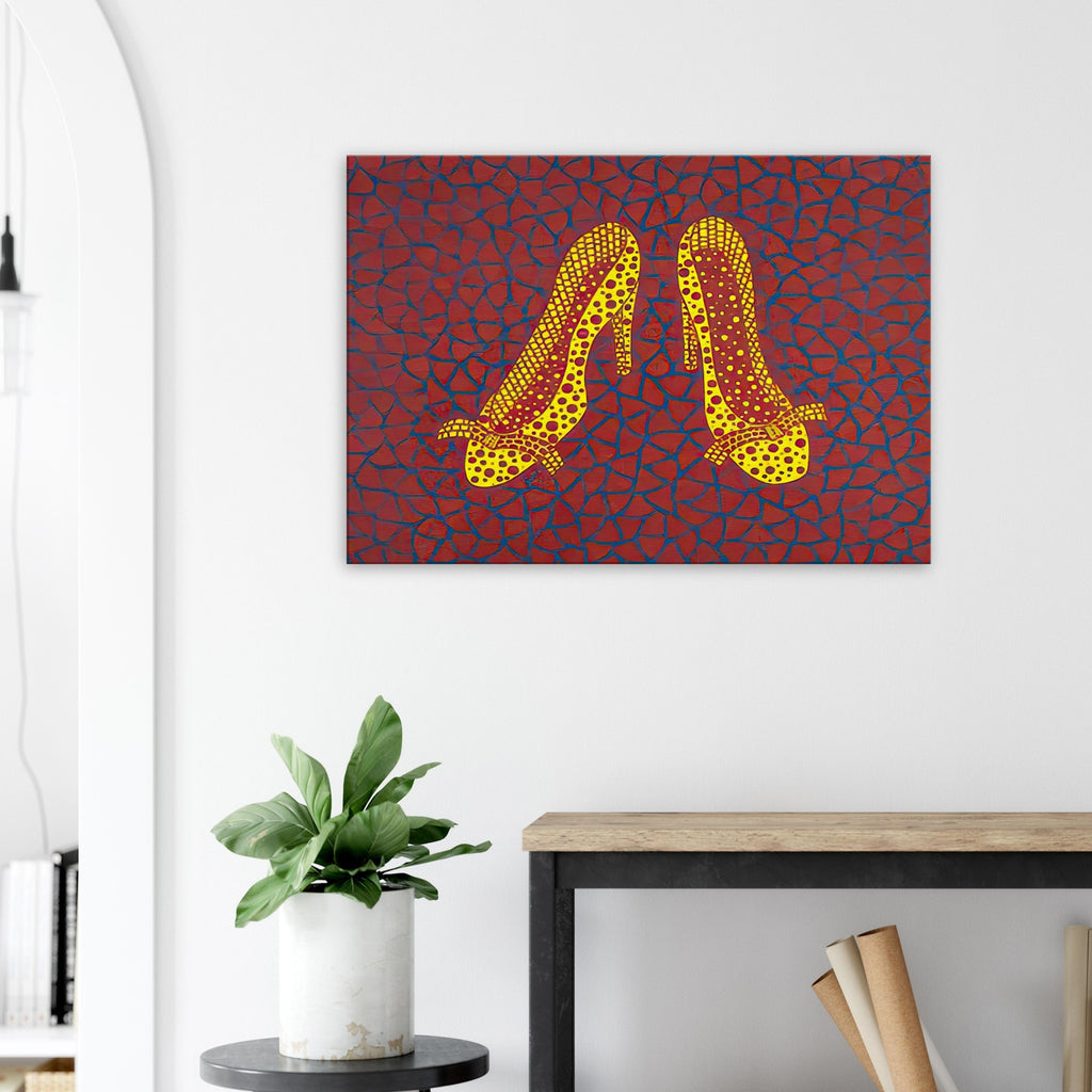 Yayoi Kusama canvas print — High Heels (1) makes a fashion accessory the protagonist of a Kusama print