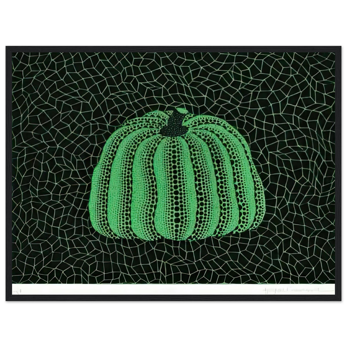 Yayoi Kusama framed print — Pumpkin (Green, Version 2) presents Kusama’s familiar pumpkin through an explicitly green variation, black frame, 45x60 cm / 18x24″