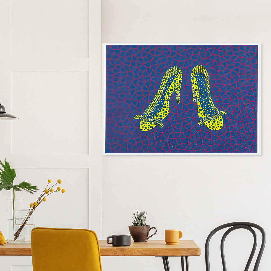 Yayoi Kusama framed print of High Heels (4) — high Heels (4) makes a fashion accessory the protagonist of a Kusama print. The shoe’s recognizable sculptural profile becomes an invitation to think about style, performance and the surprising visual life