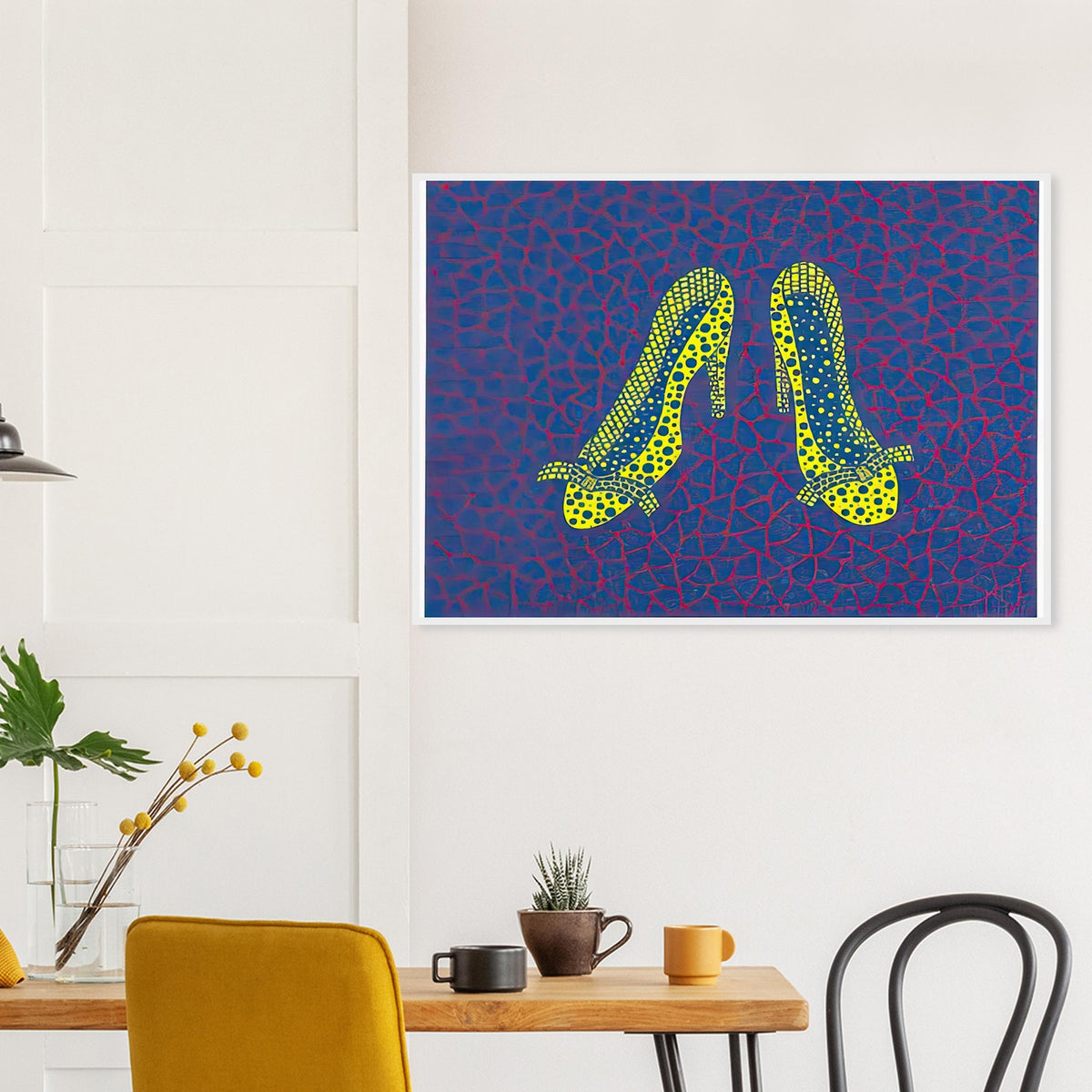 Yayoi Kusama framed print of High Heels (4) — high Heels (4) makes a fashion accessory the protagonist of a Kusama print. The shoe’s recognizable sculptural profile becomes an invitation to think about style, performance and the surprising visual life