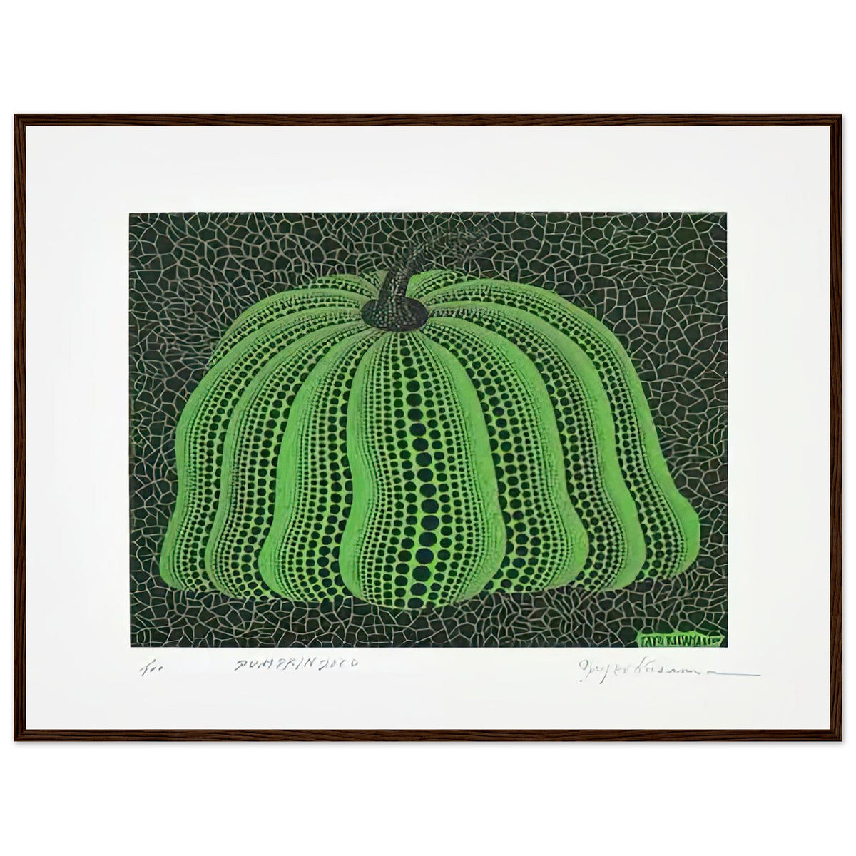 Yayoi Kusama framed print — Pumpkin 2000 (Green) uses a green treatment to reinterpret one of Kusama’s most affectionate subjects