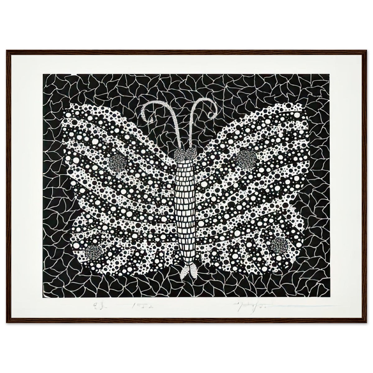 Yayoi Kusama framed print — Butterfly [Kusama 18] by Yayoi Kusama takes the lightness of a butterfly and gives it graphic intensity through pattern, dark wood frame, 60x80 cm / 24x32″