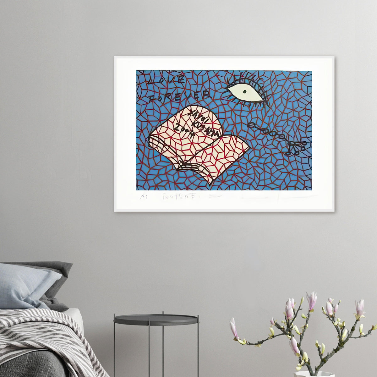 Yayoi Kusama framed print — Book to Read at Night E places an illustrated book at the center of a strange, poetic visual world