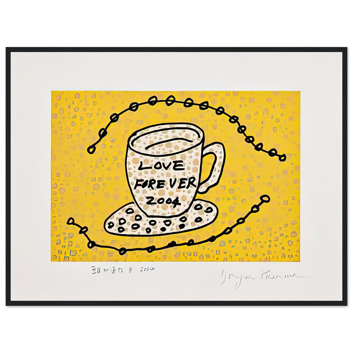 Yayoi Kusama framed print — Morning Is Here (B) joins a series of compact 2004 prints in which the beginning of the day becomes a subject for personal symbols and tightly controlled graphic, black frame, 60x80 cm / 24x32″