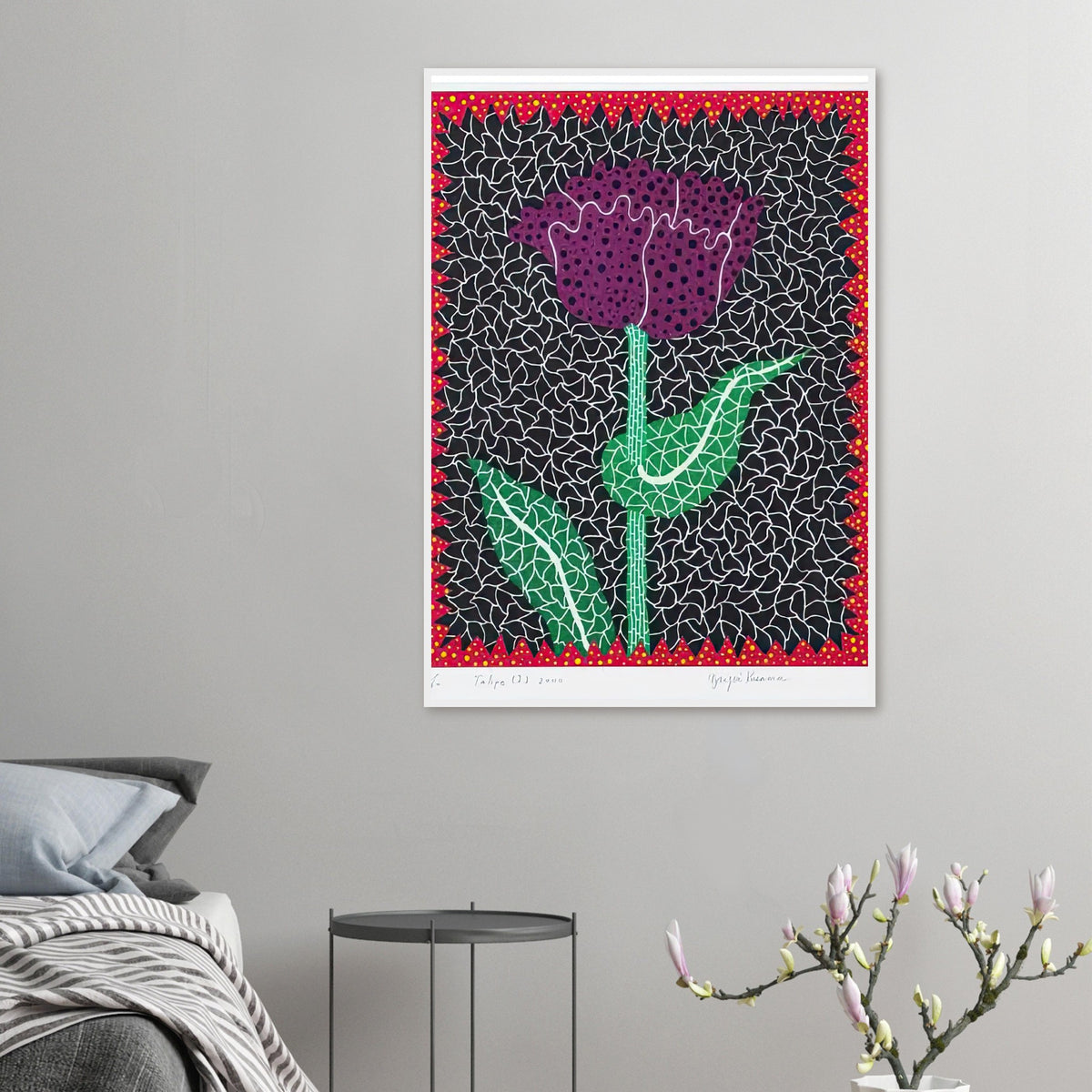 Yayoi Kusama framed print — A tulip becomes the center of an exuberant botanical design in this work from Amour Pour Toujours