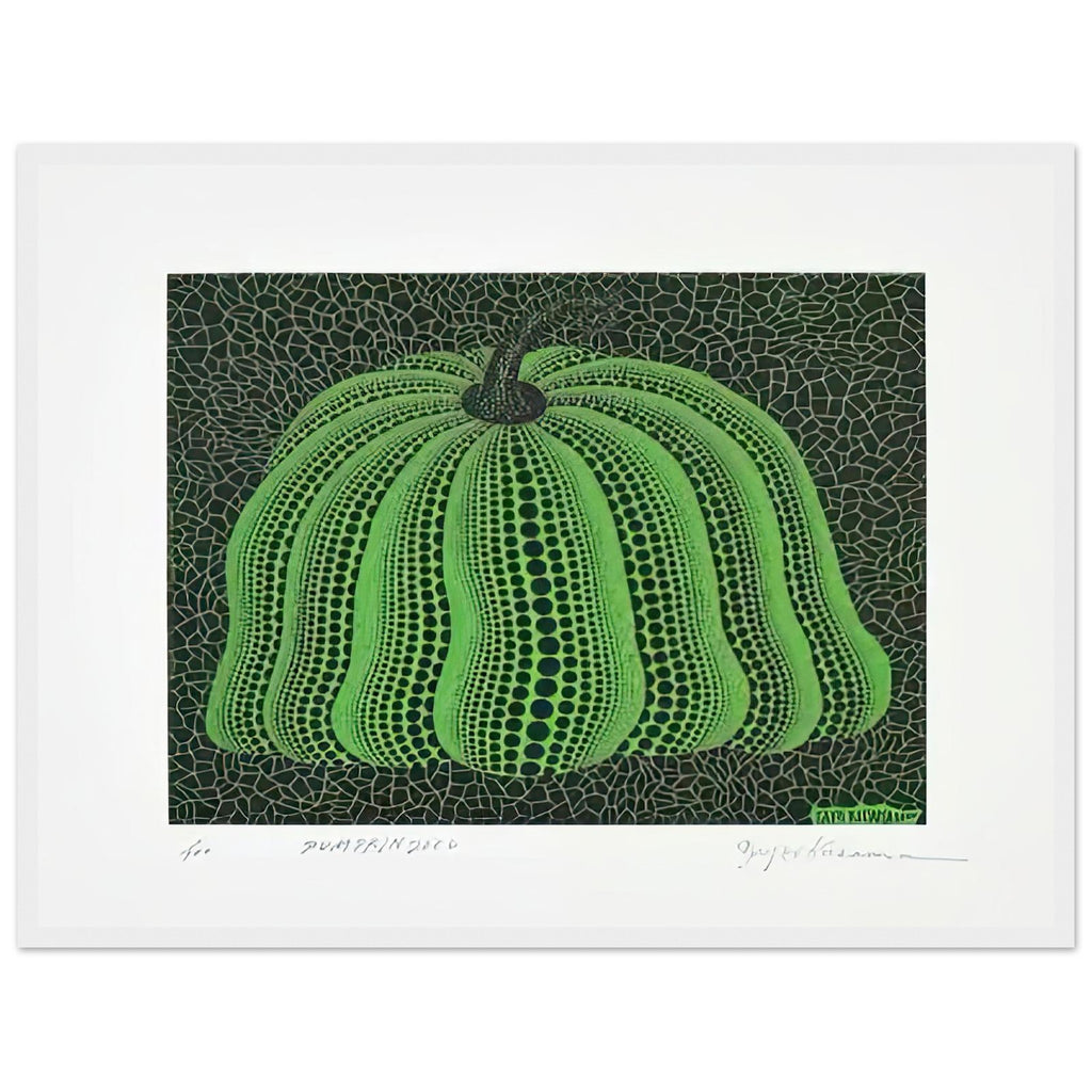 Yayoi Kusama framed print — Pumpkin 2000 (Green) uses a green treatment to reinterpret one of Kusama’s most affectionate subjects
