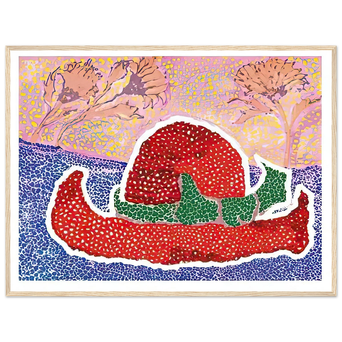 Yayoi Kusama framed print — Hat Left Behind in the Field turns an unattended accessory into a scene with an implied human presence, wood frame, 60x80 cm / 24x32″
