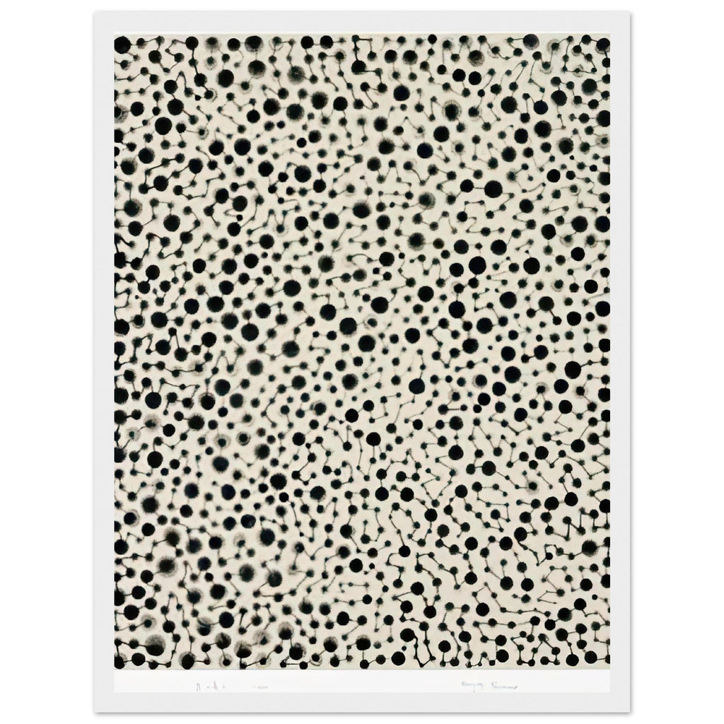 Yayoi Kusama framed print — Tiny black circles, fine linking strands and irregular clusters form an intricate pattern against a pale surface, white frame, 30x40 cm / 12x16″