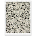 Yayoi Kusama framed print — Tiny black circles, fine linking strands and irregular clusters form an intricate pattern against a pale surface, white frame, 30x40 cm / 12x16″