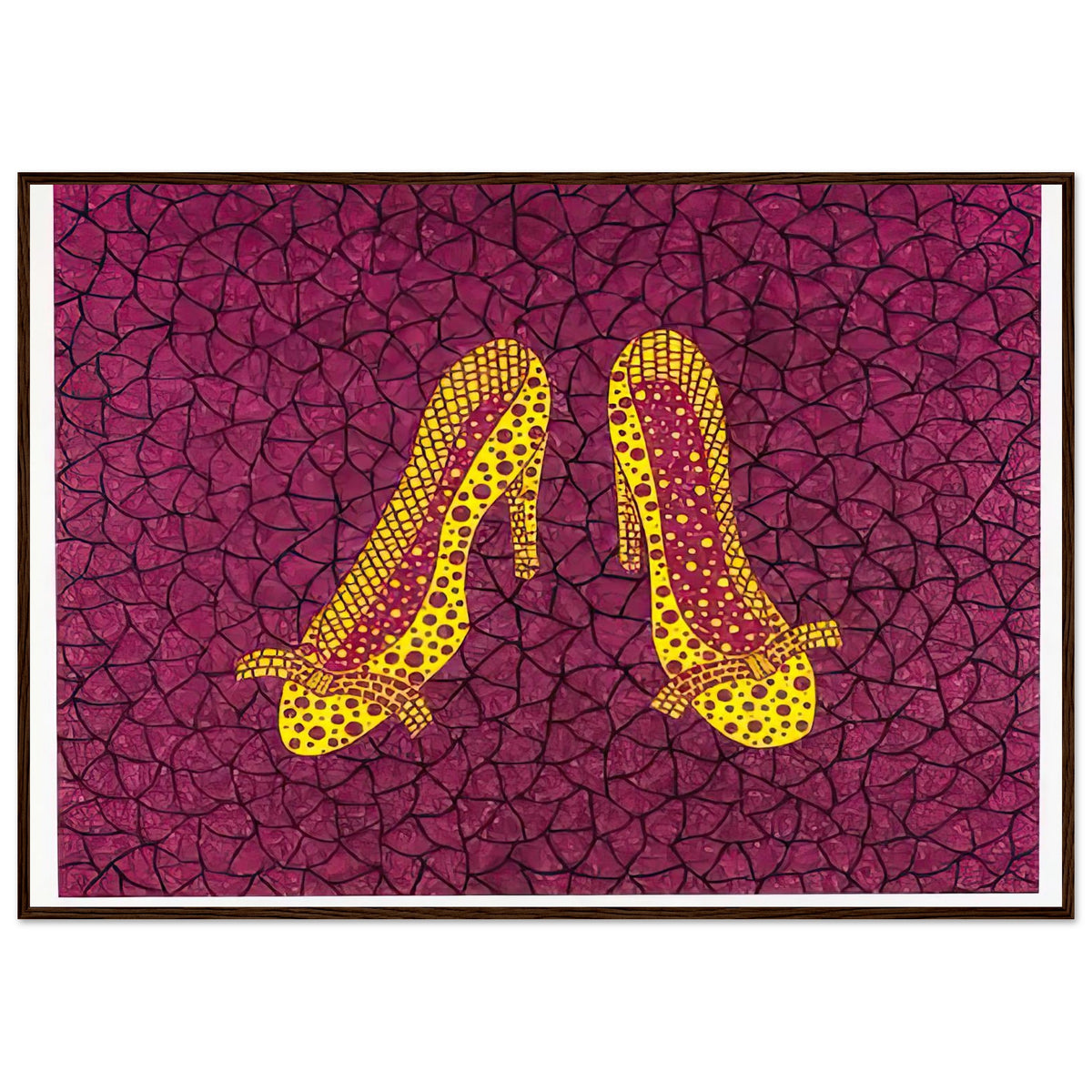Yayoi Kusama framed print — High Heels (2) makes a fashion accessory the protagonist of a Kusama print, dark wood frame, 70x100 cm / 28x40″