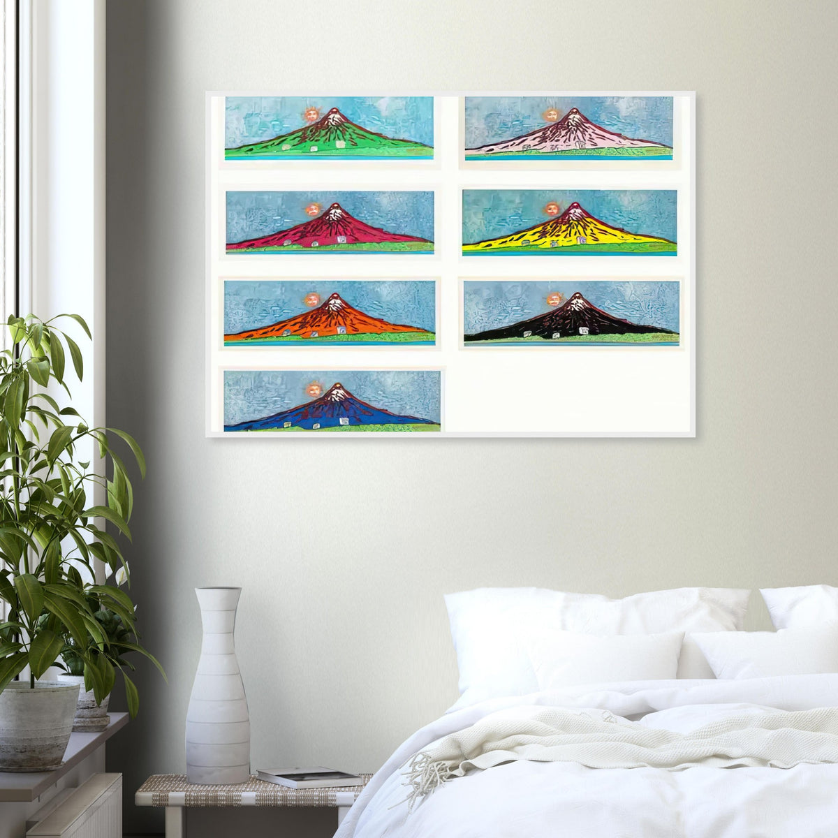 Yayoi Kusama framed print — Mt. Fuji in Seven Colours (Complete Set) brings together seven distinct interpretations of Japan’s famous mountain. Rather than repeating a single landscape, Kusama