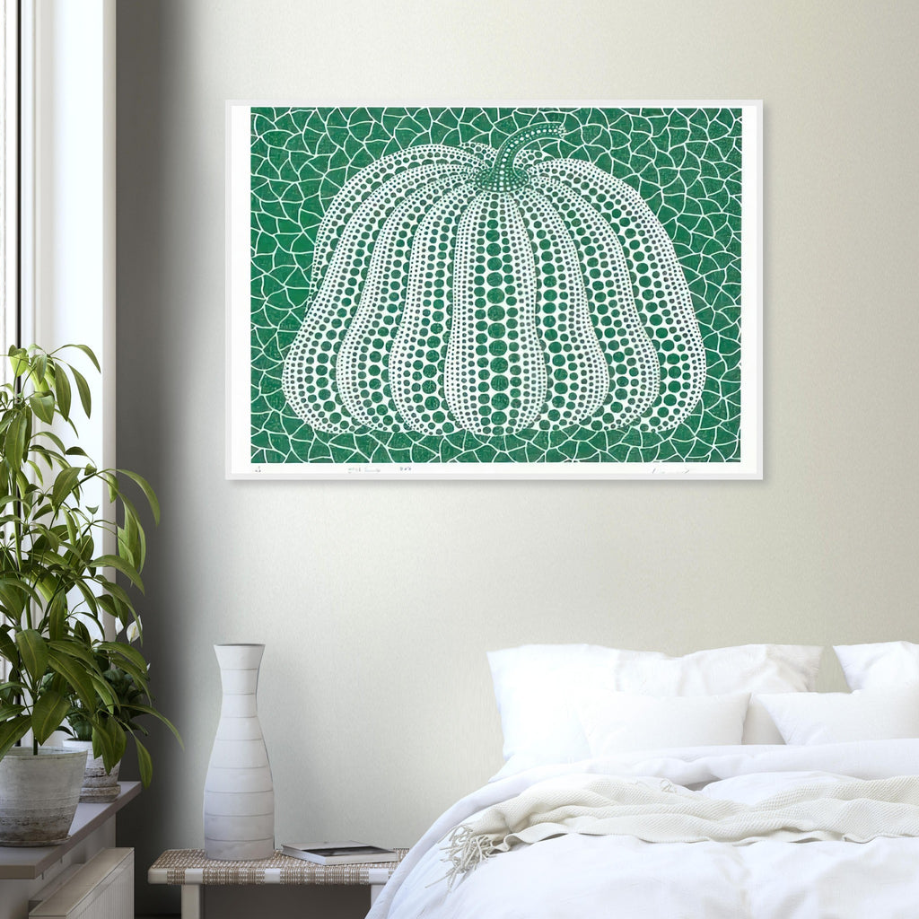 Yayoi Kusama framed print — Pumpkin Green presents Kusama’s familiar pumpkin through an explicitly green variation