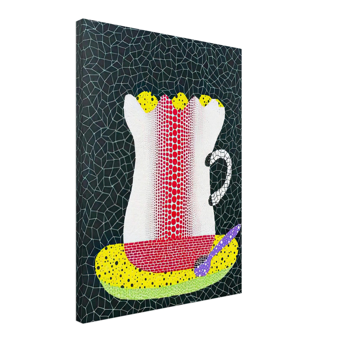 Yayoi Kusama canvas print — A single coffee cup becomes an unlikely protagonist in this composition, 45x60 cm / 18x24″