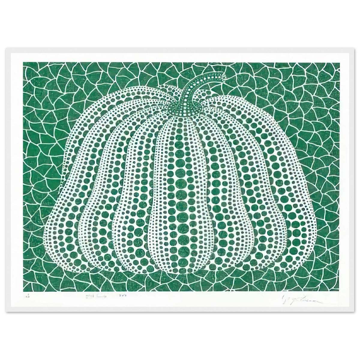Yayoi Kusama framed print — Pumpkin Green presents Kusama’s familiar pumpkin through an explicitly green variation, white frame, 60x80 cm / 24x32″