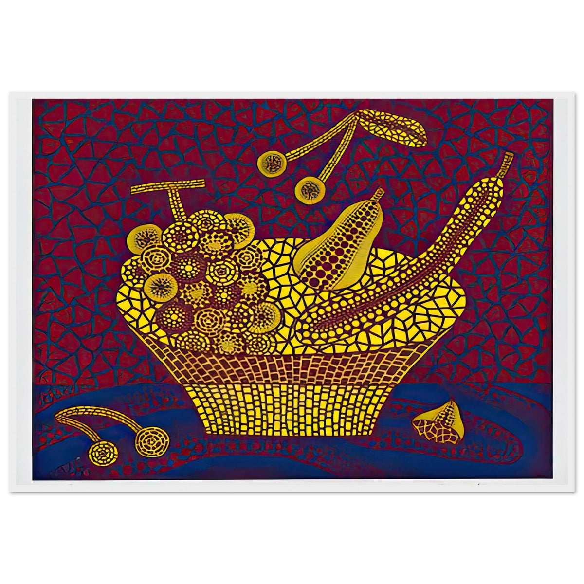Yayoi Kusama framed print — Fruit Basket (2) by Yayoi Kusama explores one of the artist’s recurring subjects: the abundance of ordinary fruit, white frame, 70x100 cm / 28x40″