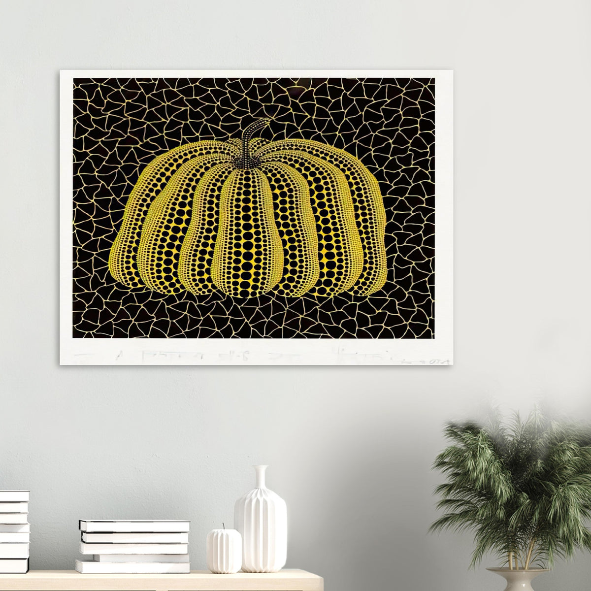 Yayoi Kusama poster — Pumpkin (YB-B) [Kusama 327] revisits Kusama’s best-known vegetable through the relationship between its distinctive form and repeating ornament