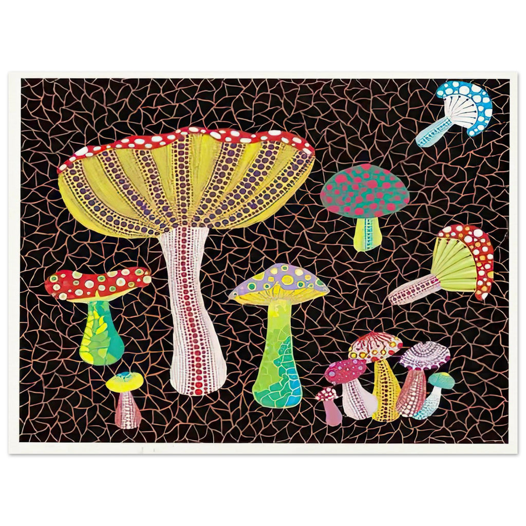 Yayoi Kusama poster — Toadstools explores the eccentric shapes of woodland fungi, balancing rounded caps and slender supports, 15x20 cm / 6x8″