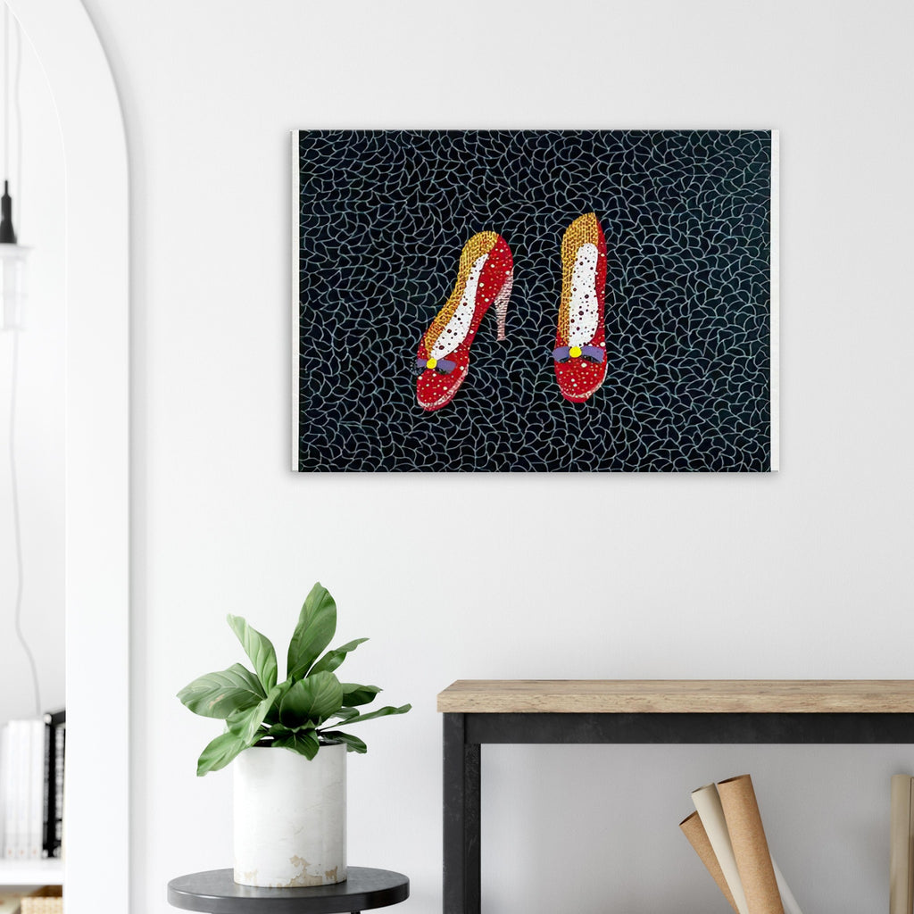 Yayoi Kusama canvas print — Shoes (2) turns a footwear object into an image about shape, balance and individuality