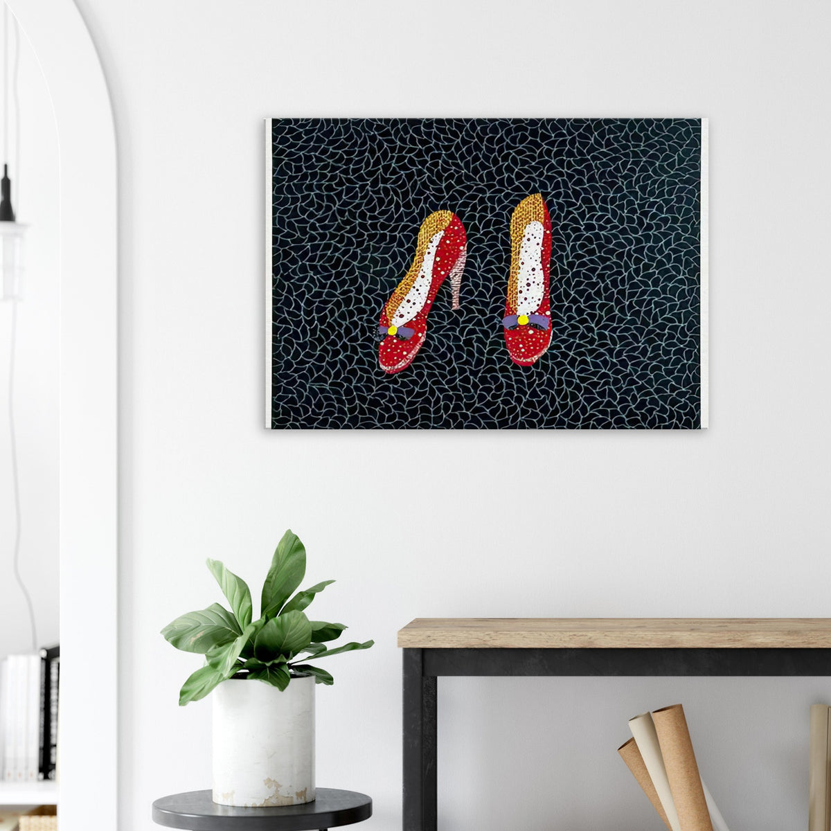 Yayoi Kusama canvas print — Shoes (2) turns a footwear object into an image about shape, balance and individuality