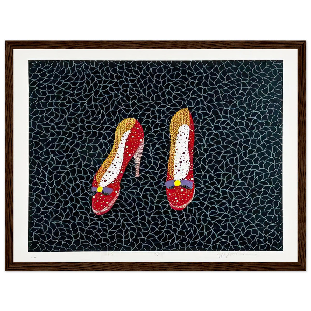 Yayoi Kusama framed print — Shoes (2) turns a footwear object into an image about shape, balance and individuality, dark wood frame, 30x40 cm / 12x16″
