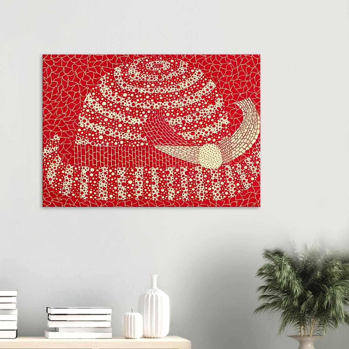 Yayoi Kusama canvas print — Hat (Red) presents a familiar accessory as an exercise in changing color and graphic character