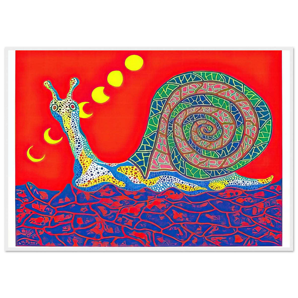 Yayoi Kusama framed print — Snail takes a slow-moving creature and makes its spiral shell and delicate movement the center of attention, white frame, 70x100 cm / 28x40″