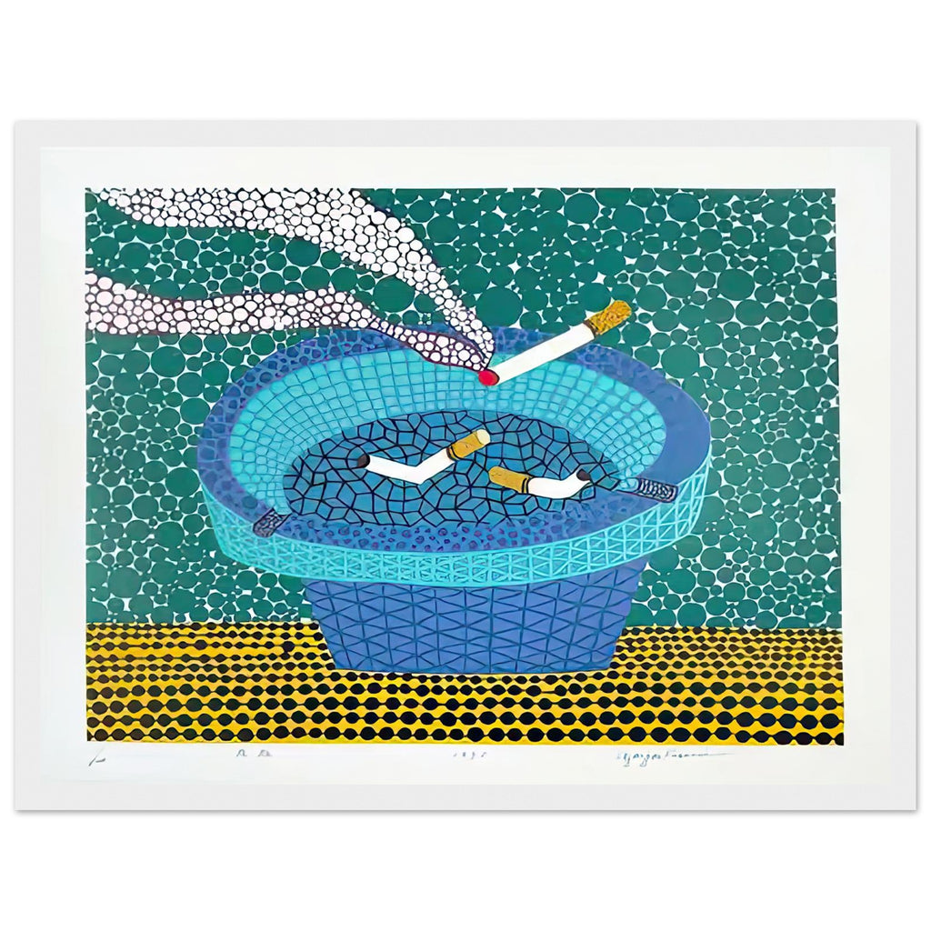 Yayoi Kusama framed print — Ashtray (2) returns to the everyday smoking accessory but distinguishes this image as a second listed treatment of the motif, white frame, 30x40 cm / 12x16″