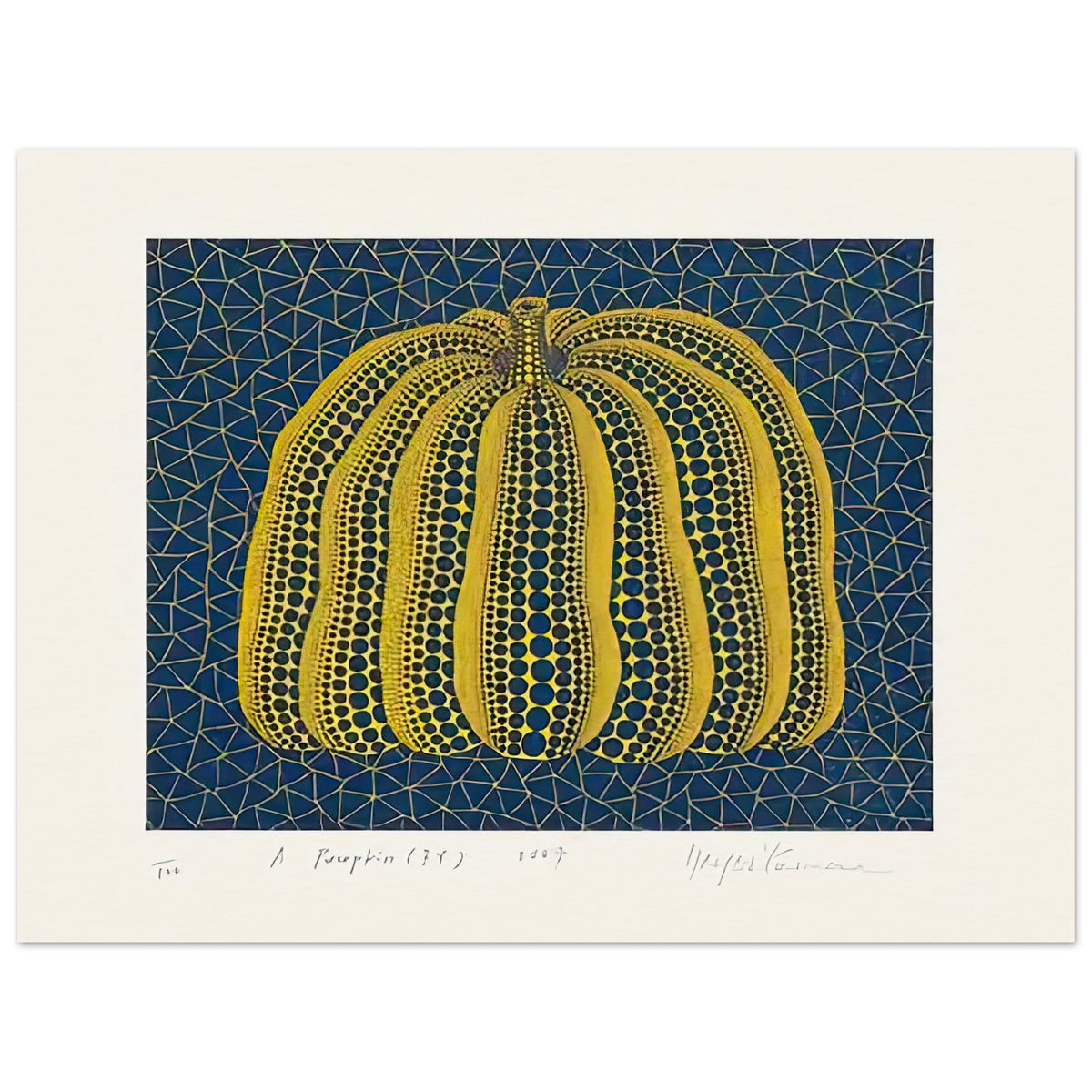 Yayoi Kusama poster — Pumpkin (BY) [Kusama 319] revisits Kusama’s best-known vegetable through the relationship between its distinctive form and repeating ornament, 15x20 cm / 6x8″