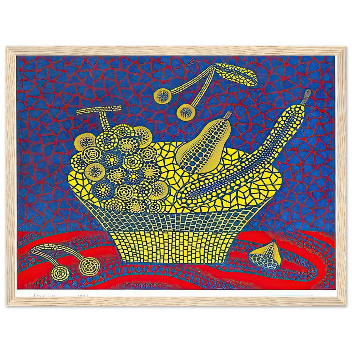 Yayoi Kusama framed print — Fruit Basket (1) by Yayoi Kusama explores one of the artist’s recurring subjects: the abundance of ordinary fruit, wood frame, 30x40 cm / 12x16″