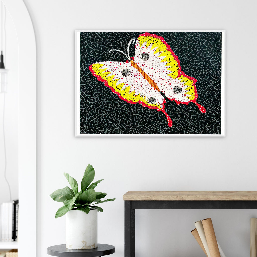 Yayoi Kusama framed print — Butterfly [Kusama 81] by Yayoi Kusama takes the lightness of a butterfly and gives it graphic intensity through pattern
