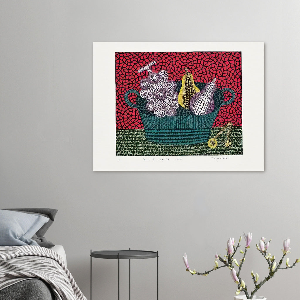 Yayoi Kusama poster — Panier de Fruits I from Amour pour Toujours turns a basket of fruit into a lively decorative still life