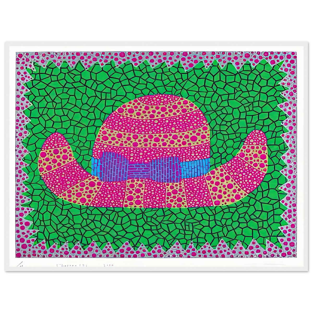 Yayoi Kusama framed print — Hat II turns an everyday hat into a subject for playful observation, white frame, 60x80 cm / 24x32″