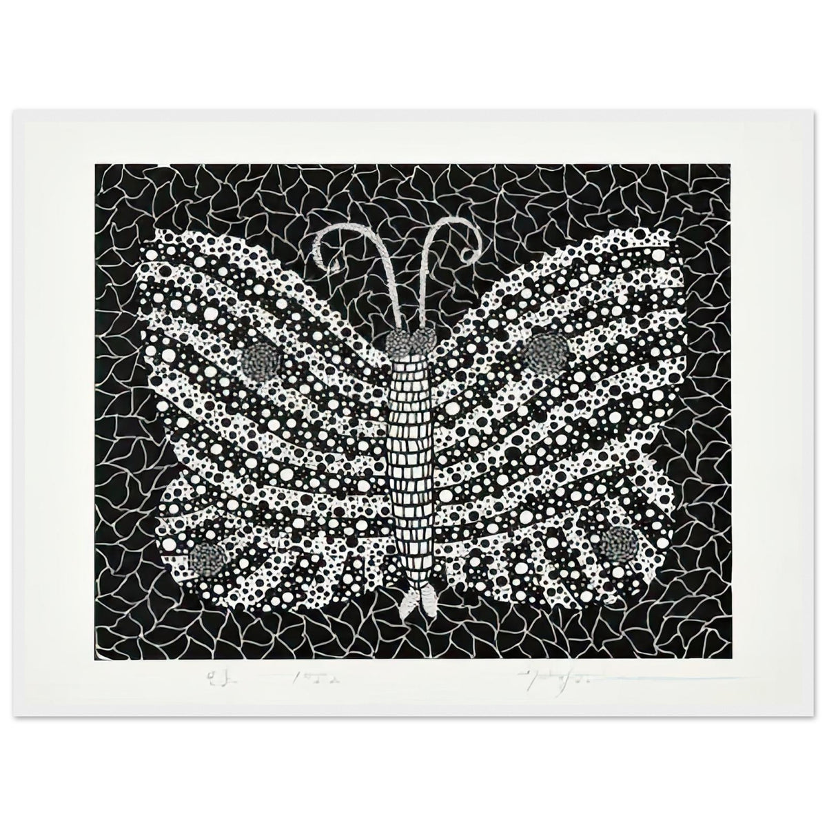 Yayoi Kusama framed print — Butterfly [Kusama 18] by Yayoi Kusama takes the lightness of a butterfly and gives it graphic intensity through pattern, white frame, 60x80 cm / 24x32″