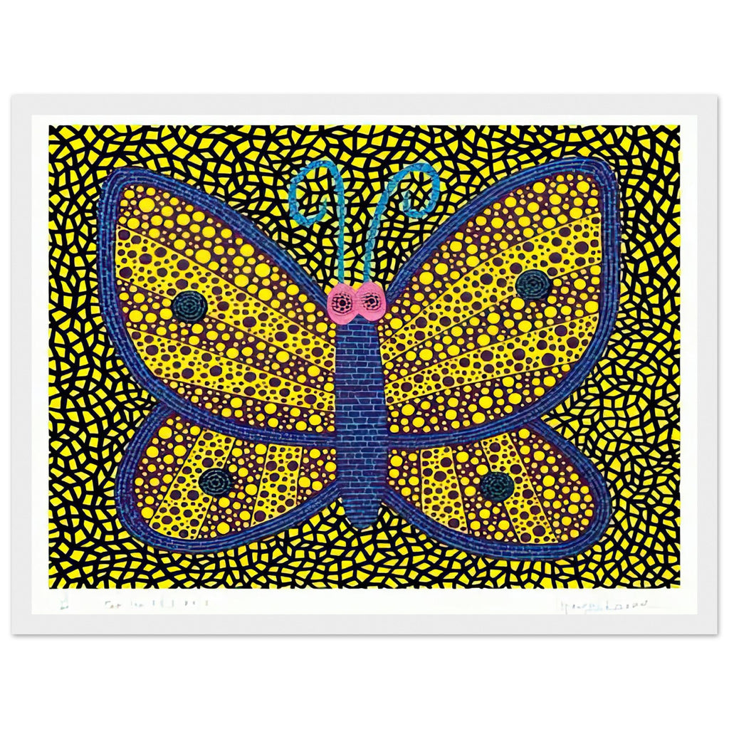 Yayoi Kusama framed print — Papillon I from Amour pour Toujours explores the butterfly as a symbol of delicacy and transformation, white frame, 30x40 cm / 12x16″